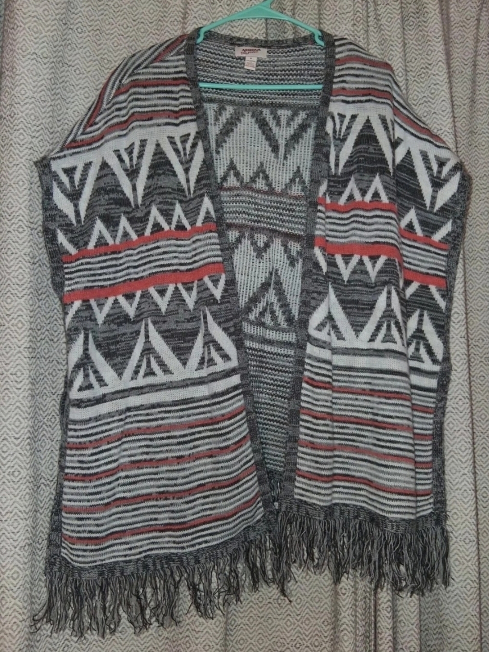 Arizona Jean Company Open-Front Aztec Fringe Poncho - Gray, White & Coral